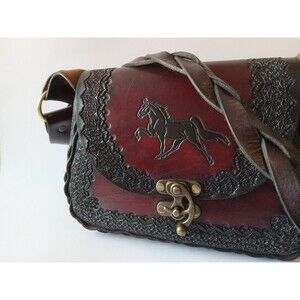 VTG Hand-Tooled Cherry & Black Leather Equestrian Horse Saddle Bag OOAK